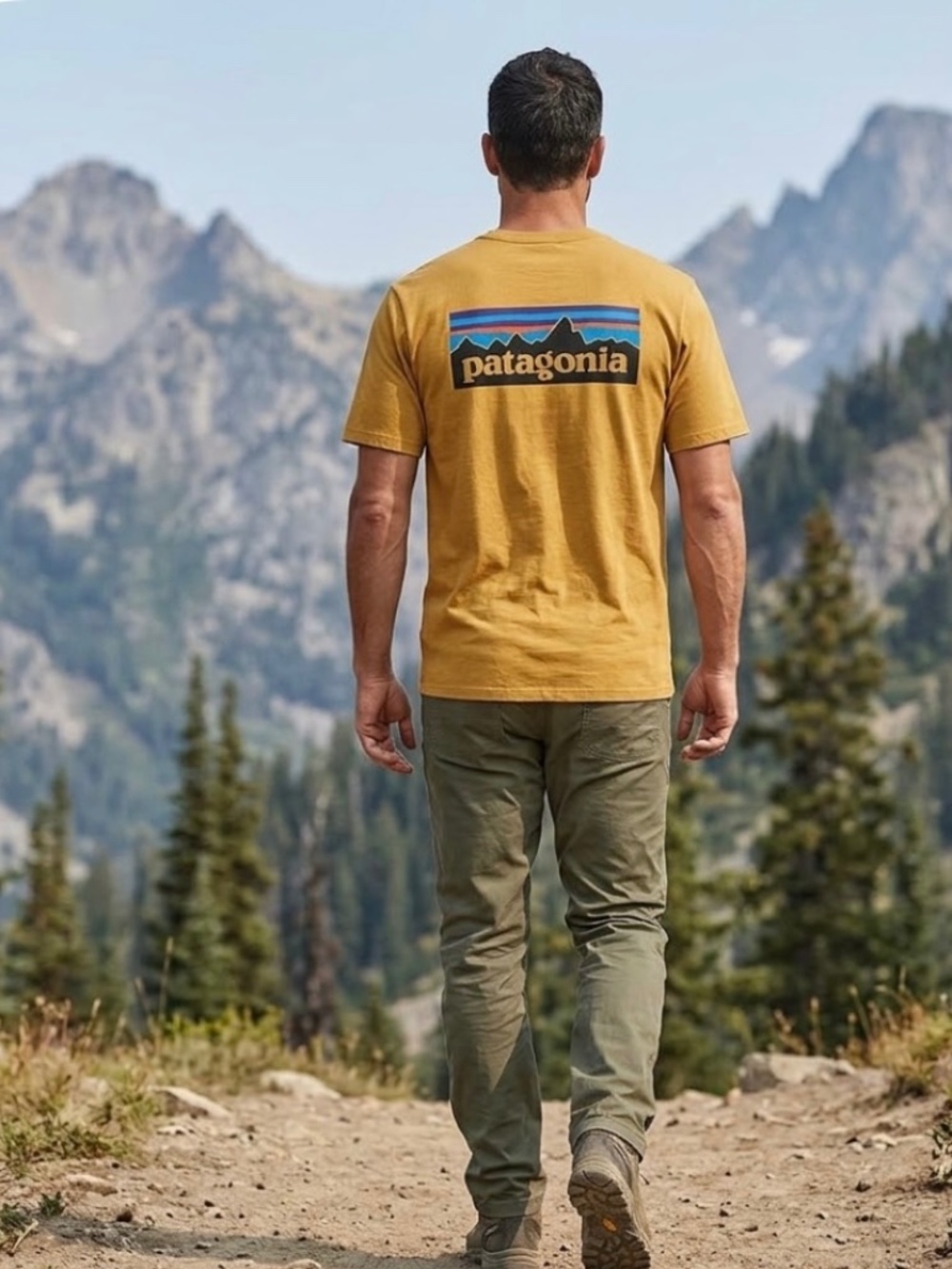 Patagonia P-6 Logo Responsibili T-Shirt Sz M Yellow Fitz Roy Skyline Gorpcore